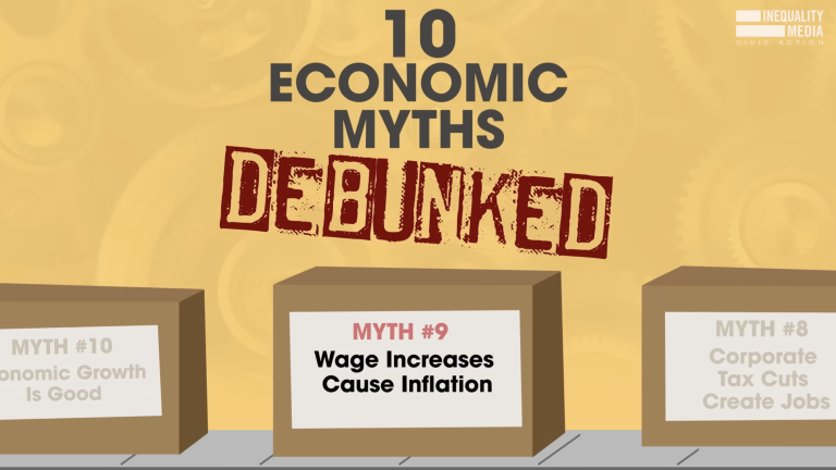 Cartoon cardboard box on a conveyer belt with a label that says "Myth #9: Corporate Tax Cuts Create Jobs"